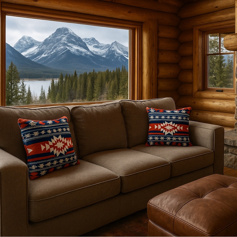 Set of 2 Aztec Cabin-core micro fiber zippered pillow covers 18 inches square - Picture 2 of 8